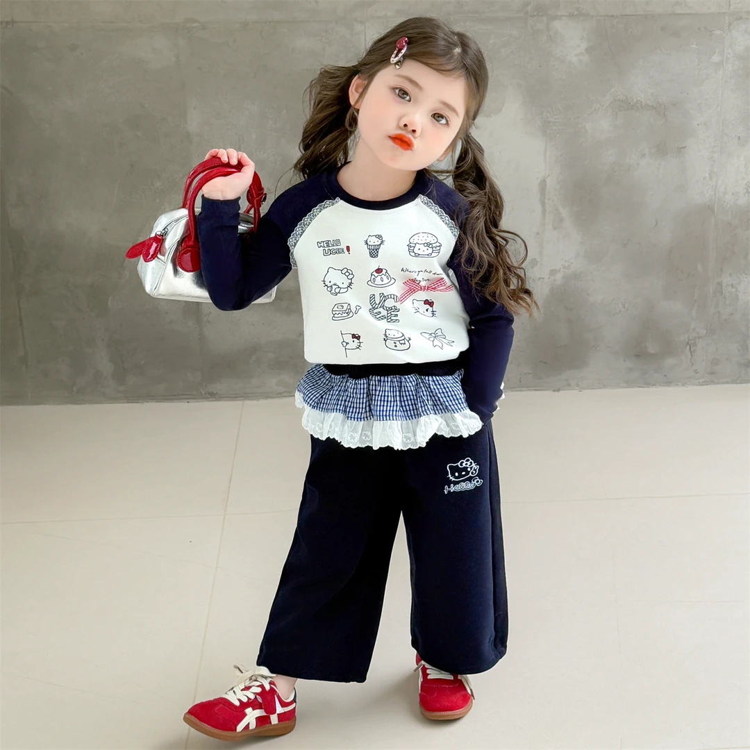 女童秋装套装2025新款女宝卡通T恤花边阔腿裤洋气女孩韩系两件套