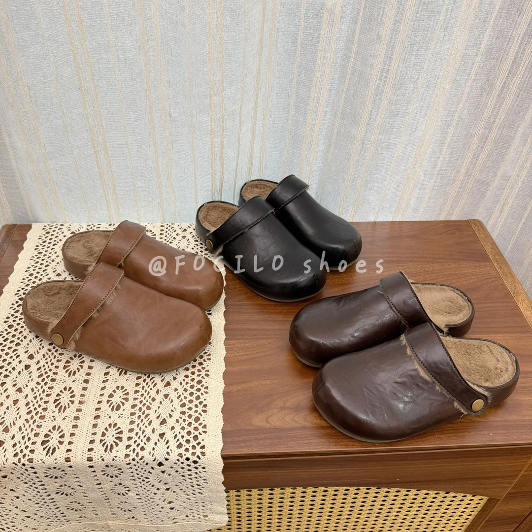 两穿毛毛加绒勃肯半拖鞋女外穿2025秋冬新款厚底增高一脚蹬包头鞋