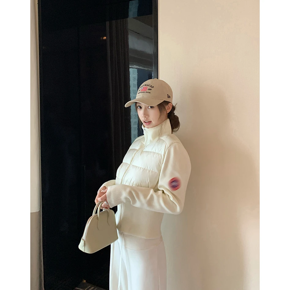 韩系辣妹白色针织拼接长袖修身立领棉服外套女秋冬季洋气时尚棉衣