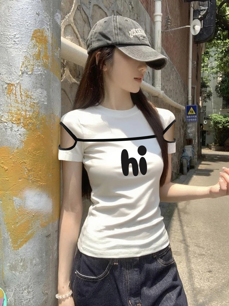 夏季新款韩系修身女款圆领t恤显瘦短袖小众上衣百搭露肩时尚打底