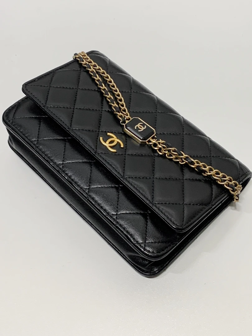 95新 Chanel/香奈儿 HIHI/底长19cm黑金菱格纹铭牌woc /11151403