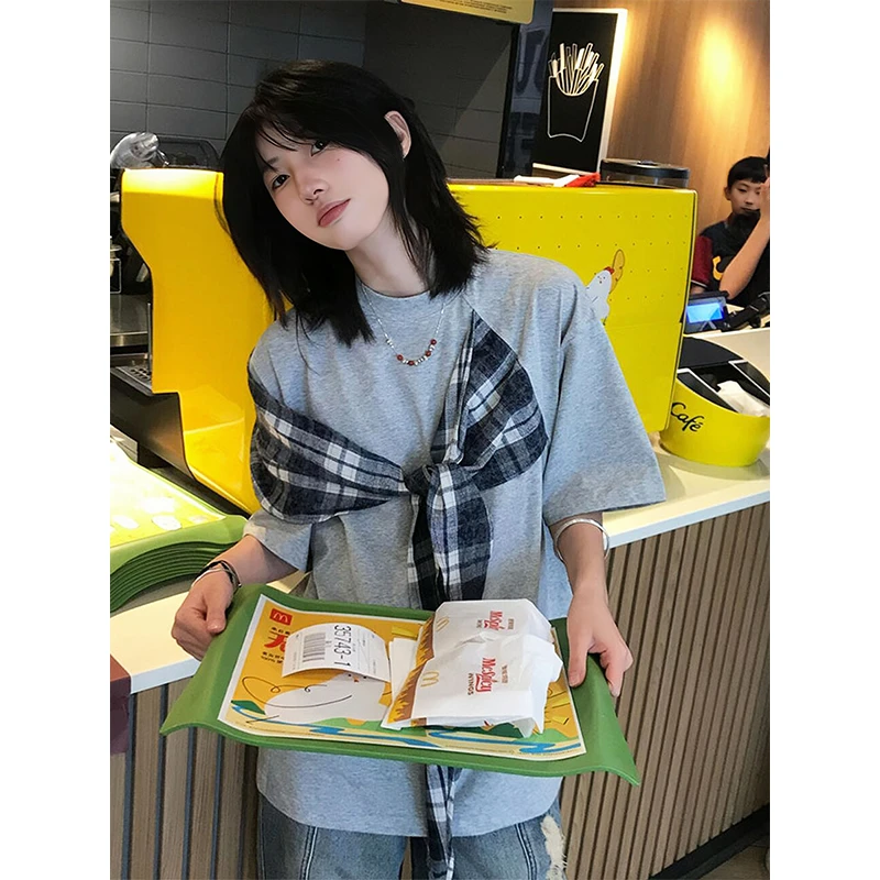 美式复古潮牌t恤女夏季蝴蝶结贴布灰色短袖oversize宽松半袖上衣