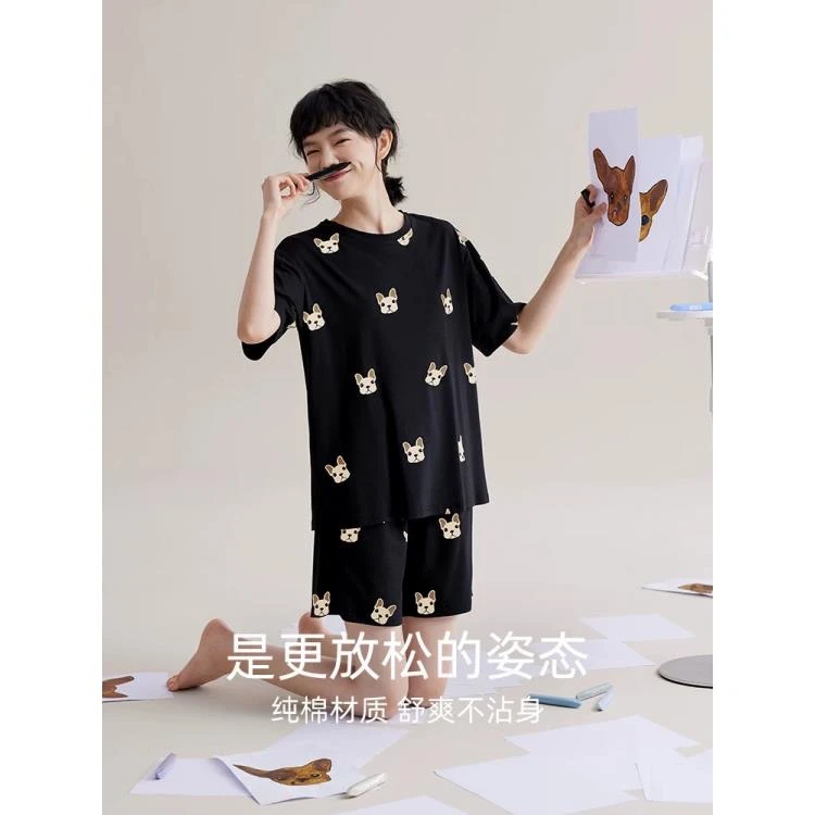 胸垫版睡衣夏季女款纯棉可爱圆领短袖休闲家居服套装（法斗小狗）