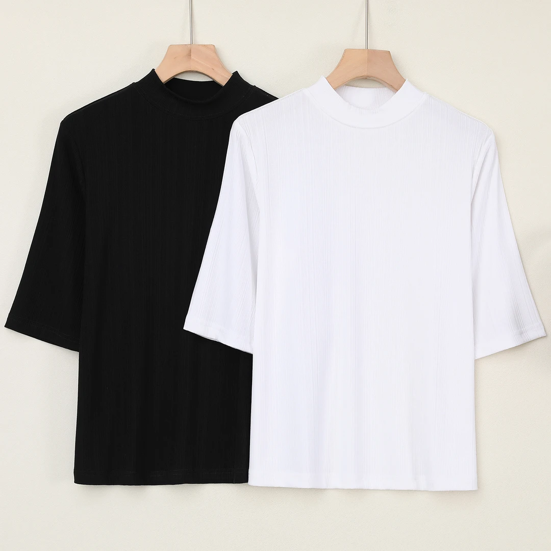 LANZIBES/蓝之蓓新款竹纤维异形螺纹半高领T恤五分袖上衣M9072