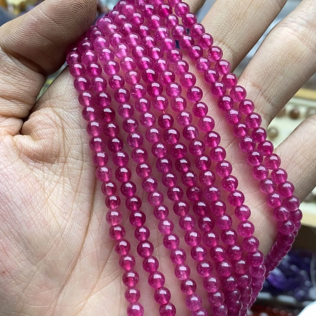 玛瑙/玉髓未镶嵌珠宝半成品两条4mm玫红玉髓优化圆珠A71