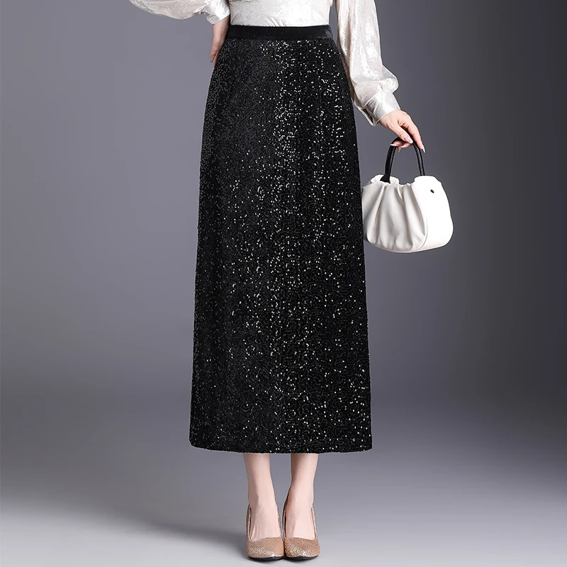 黑色亮片A字冬季高腰半身裙显瘦开叉直筒包臀中长款2025秋冬新款