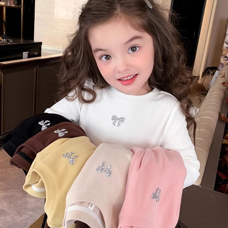 【现货】米米哈罗女童长袖烫钻蝴蝶结休闲纯色打底衫 Q240021