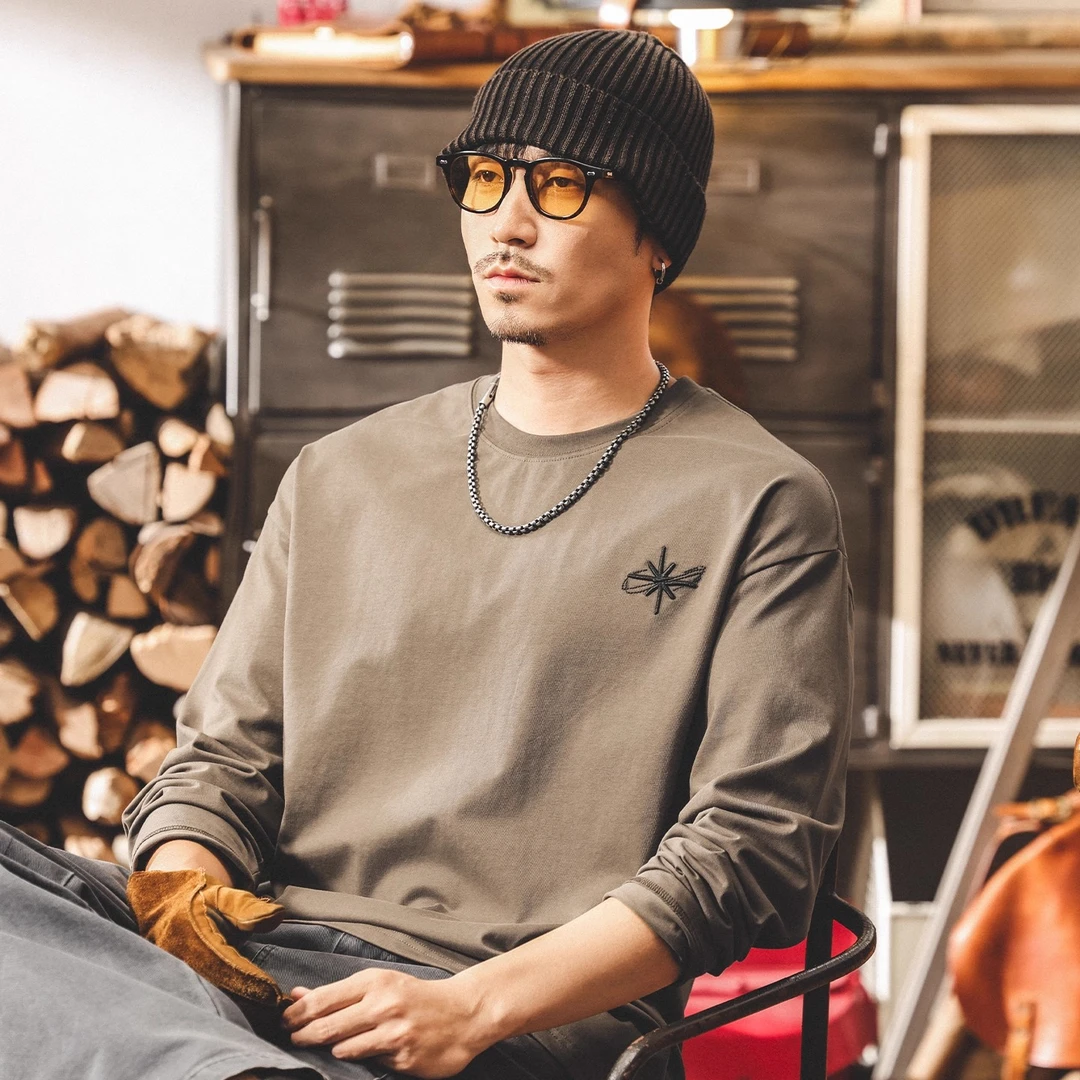 美式复古秋季长袖t恤男百搭新款刺绣潮牌宽松大码体恤休闲上衣男