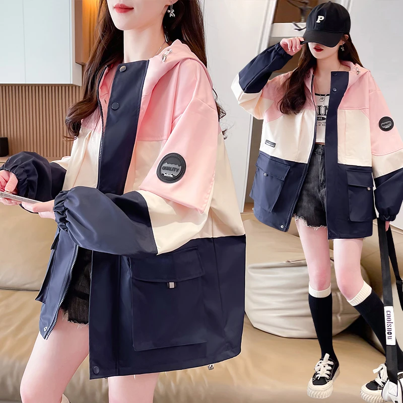 宽松运动冲锋衣少女春秋2025新款初中高中学生美式休闲工装外套潮