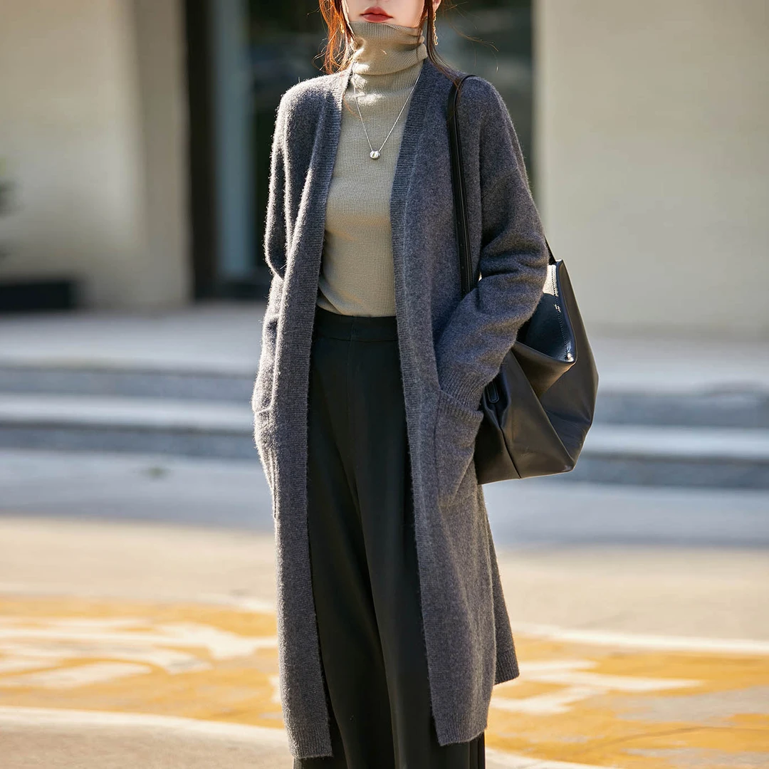 慵懒风百搭简约毛衣大外套宽松七针厚款韩系中长款针织开衫秋季