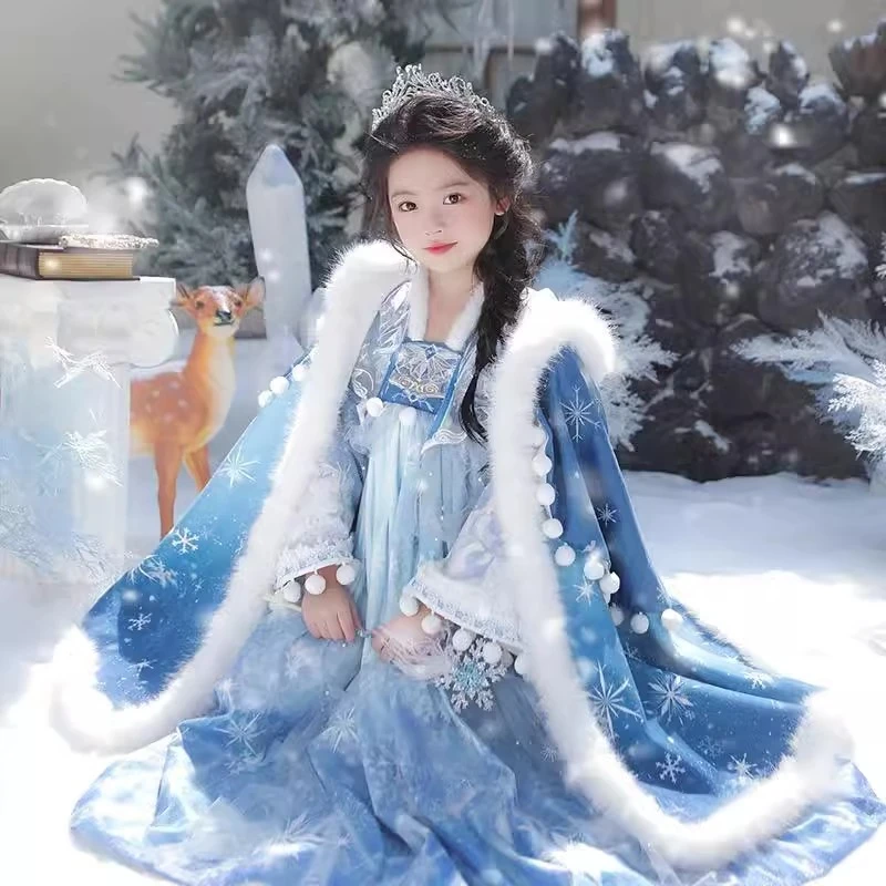 【冰雪奇缘】新款汉服拜年服儿童古风连衣裙中国风公主裙加绒斗篷