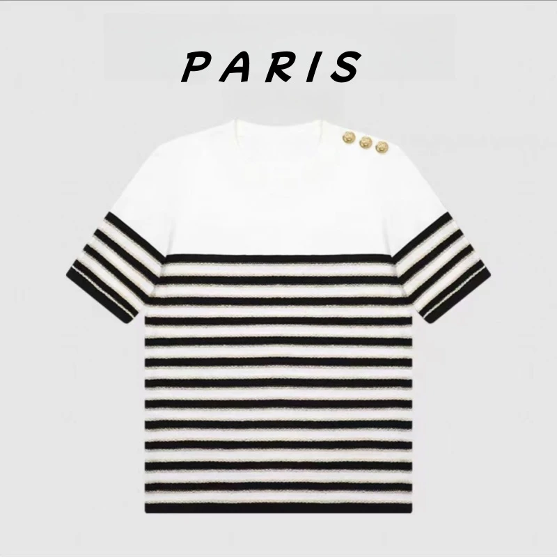 100%莱赛尔时尚简约经典海魂风条纹女款针织透气宽松针织衫46952