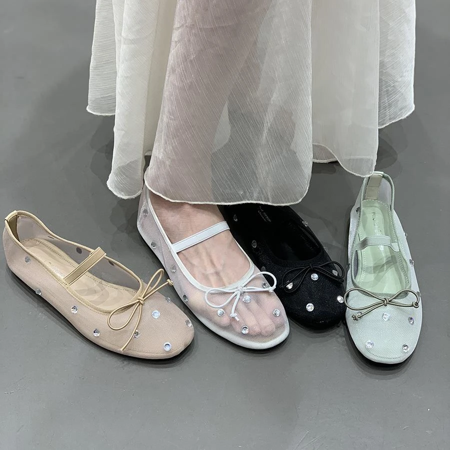 仙女蝴蝶结网纱芭蕾舞单鞋女新款夏季平底水钻玛丽珍晚晚凉鞋