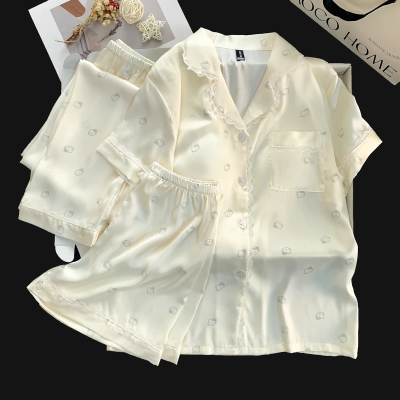 25新爆高端蕾丝边KT猫冰雪丝三件套装家居服睡衣带胸垫休闲可外穿