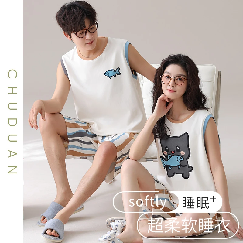 情侣睡衣夏季纯棉背心无袖薄款可外穿卡通一男一女夏天家居服套装