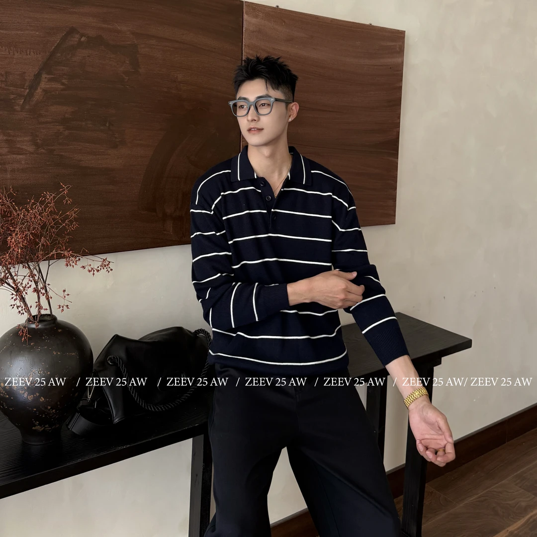 ZEEV【平行线】亲肤软糯宽松羊毛混纺慵懒条纹针织翻领毛衣