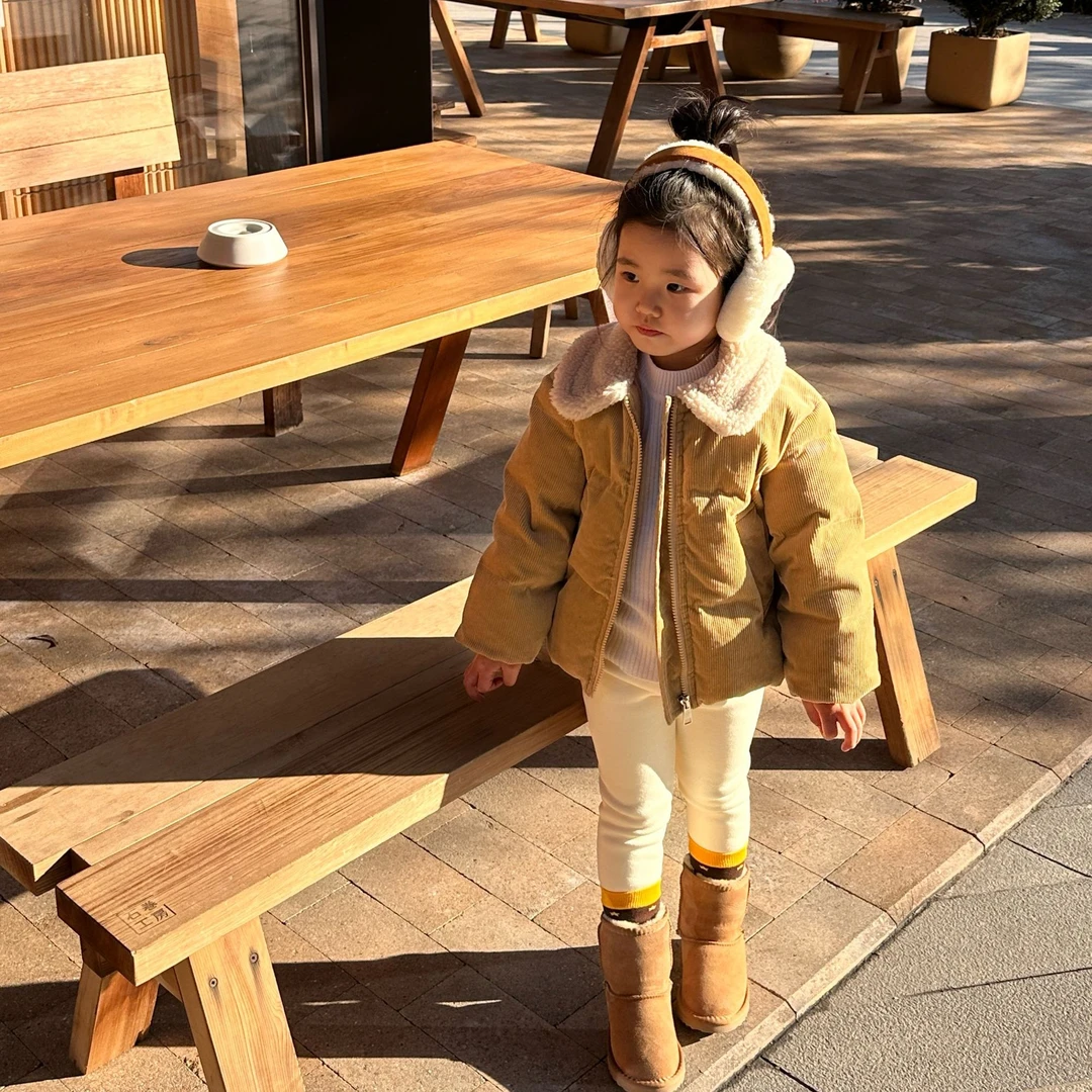 壹妈童装女童加绒加厚外套秋冬新款棉衣宝宝时髦灯芯绒棕色棉服