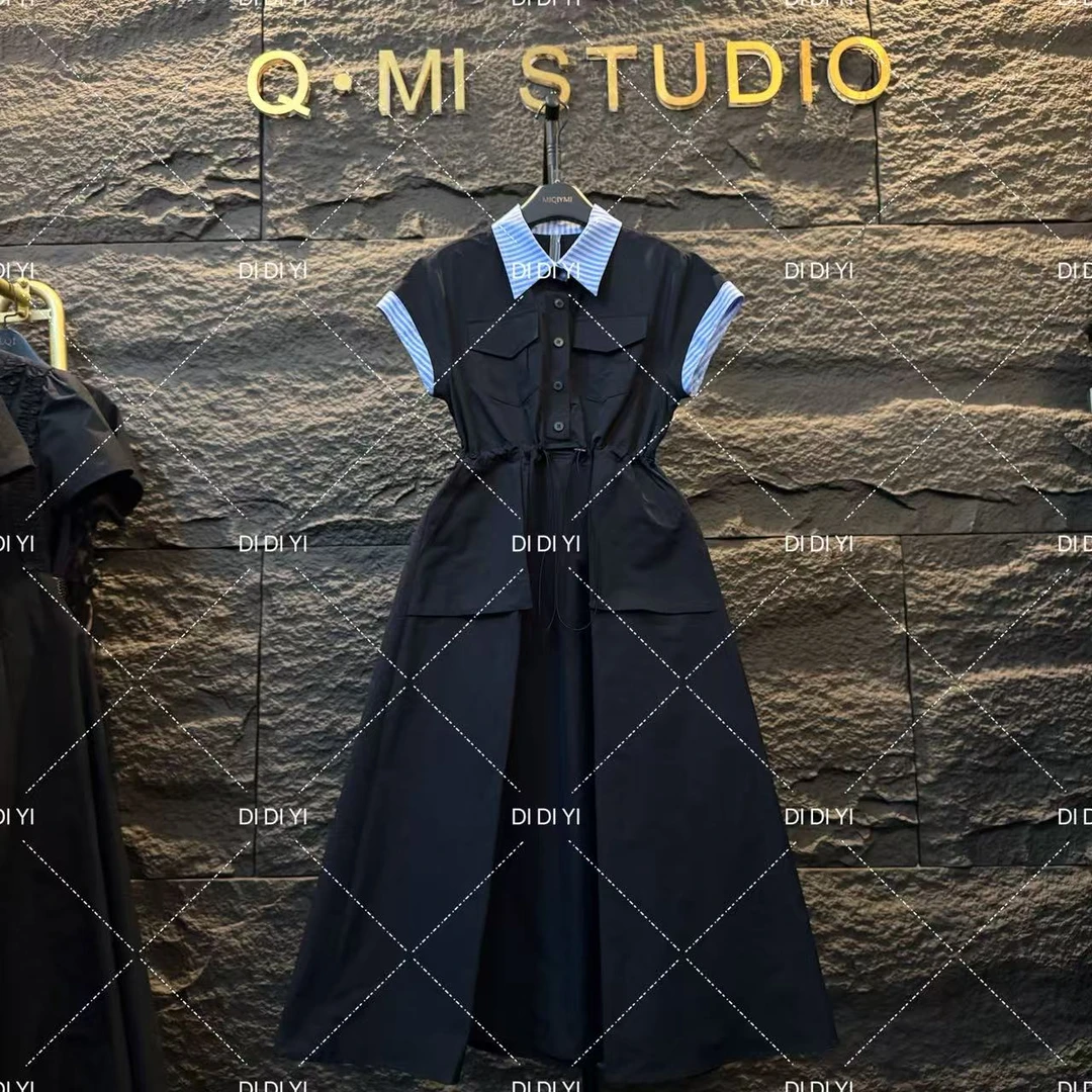 2025原创大码高定设计翻领蓝色拼接长裙套装高级休闲显瘦25108