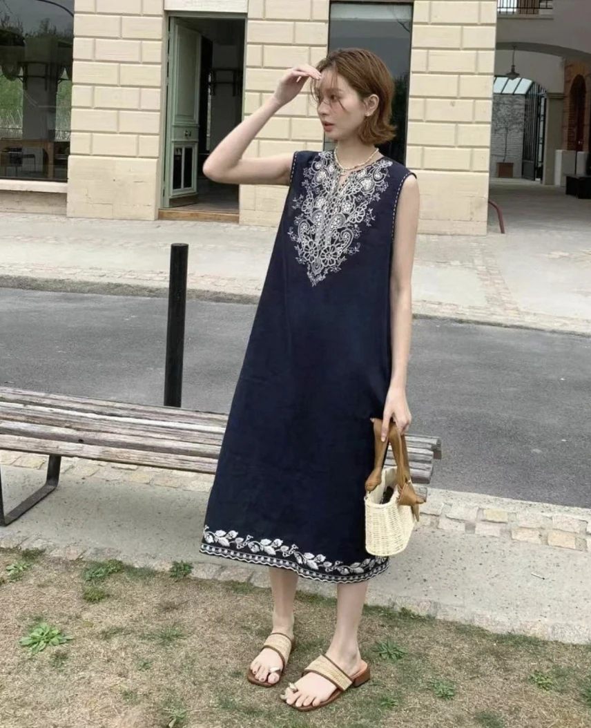 【美美专属】无袖连衣裙女夏复古裙子新中式刺绣长裙LSQ2836