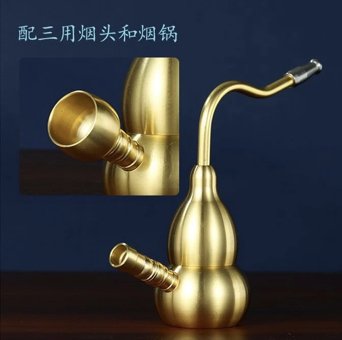 精致铜葫芦烟斗粗中细四用铜烟袋黄铜盘玩烟斗