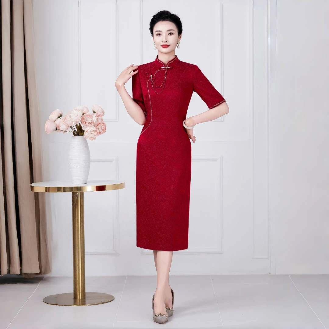 2511高端醋酸修身显瘦时尚大码婚礼喜婆婆妈妈装改良旗袍裙