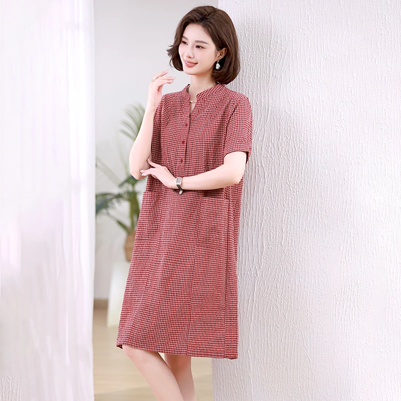 888569百搭连衣裙夏季文艺新款格子宽松大码显瘦休闲2025短袖裙子