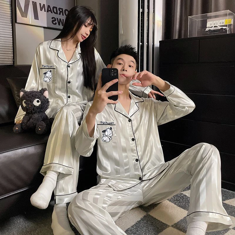 情侣睡衣女春秋季冰丝长袖长裤卡通小狗男士夏天家居服套装可外穿
