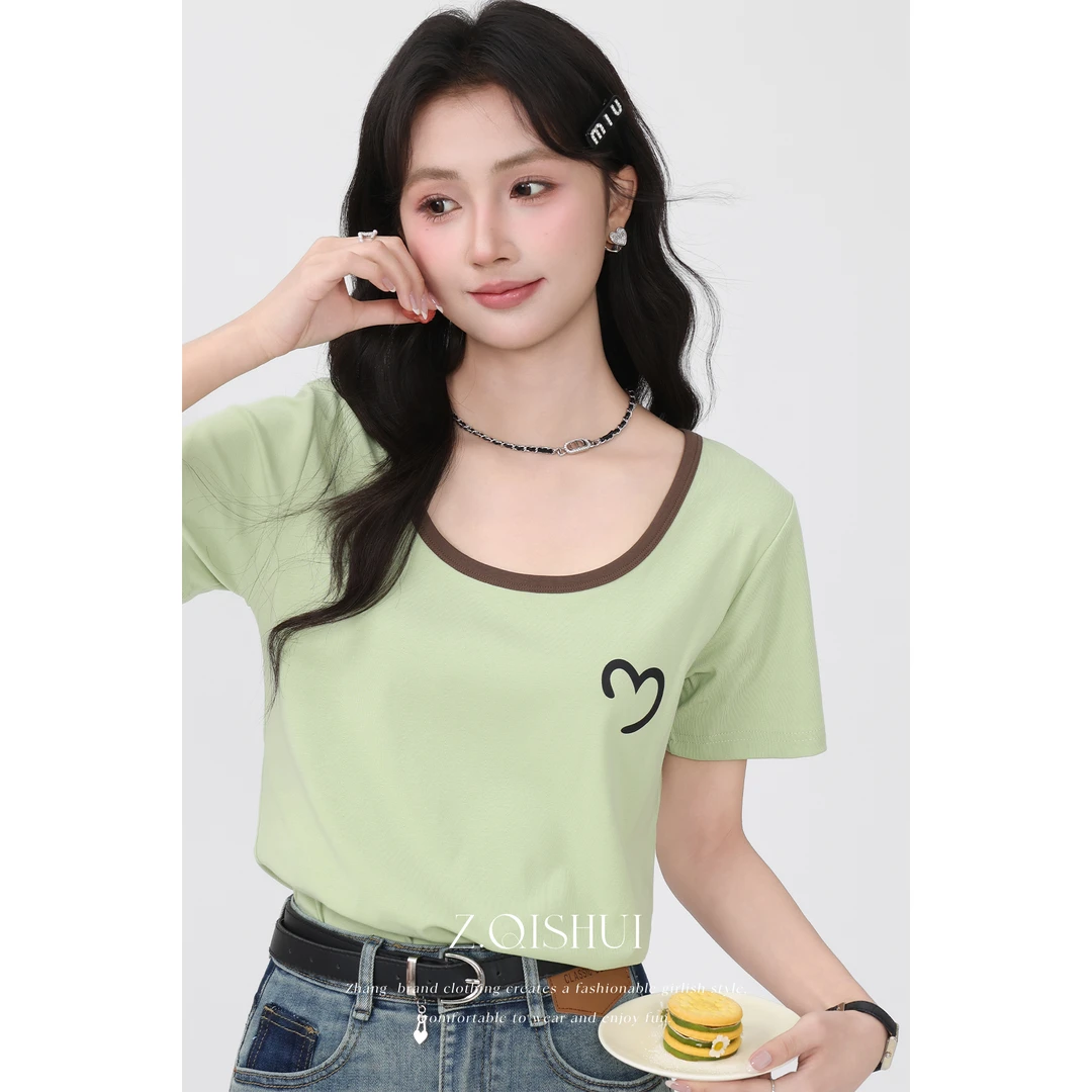 张汽水《青蔻织梦》夏季新款绿色圆领短袖t恤女宽松百搭显瘦上衣