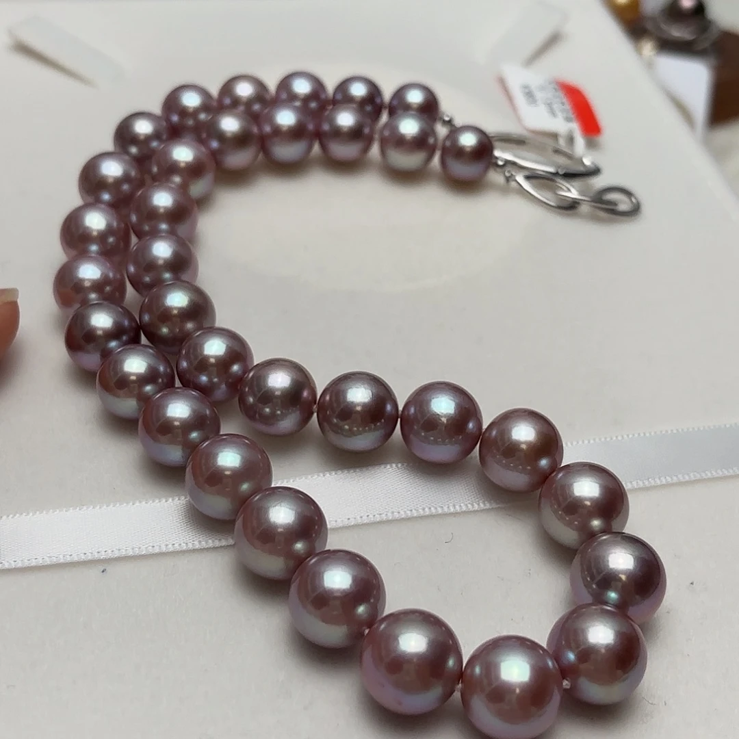 银S925镶嵌淡水珍珠颈饰10-13正圆紫绿