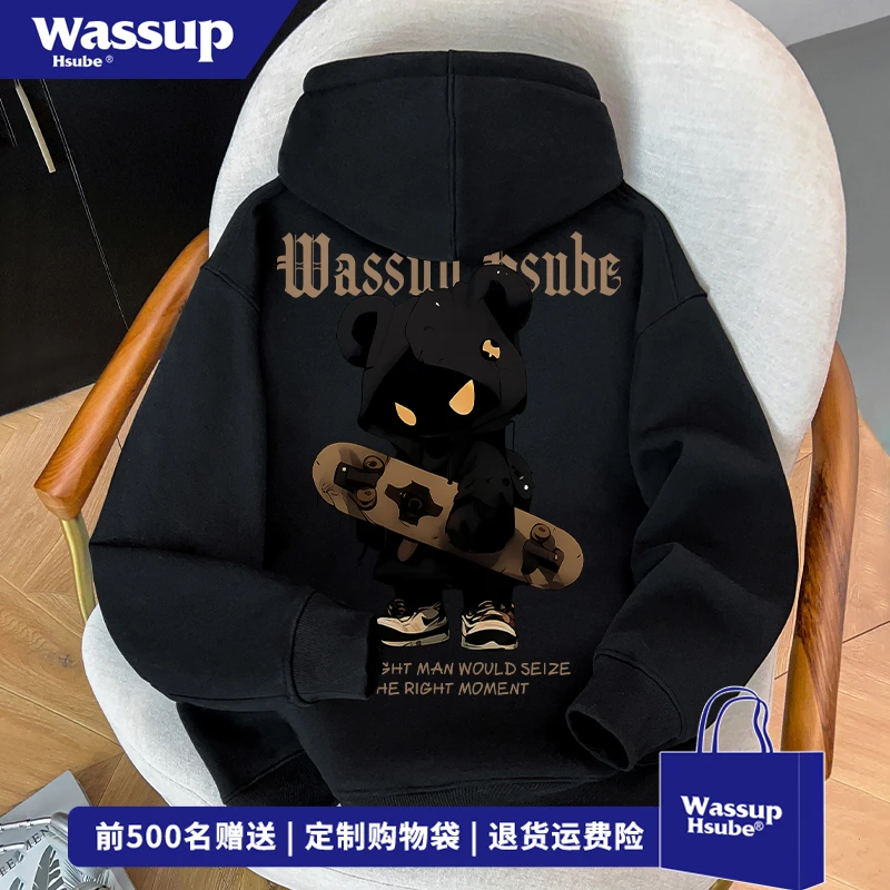 WASSUP HSUBE潮牌痞帅炸街hiphop连帽卫衣男秋冬季高级感印花上衣