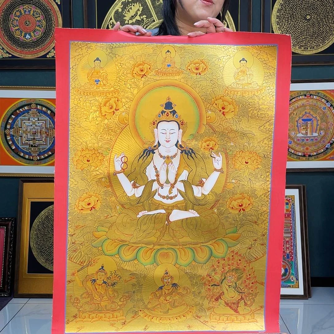 卷轴画四臂观手绘金箔唐卡