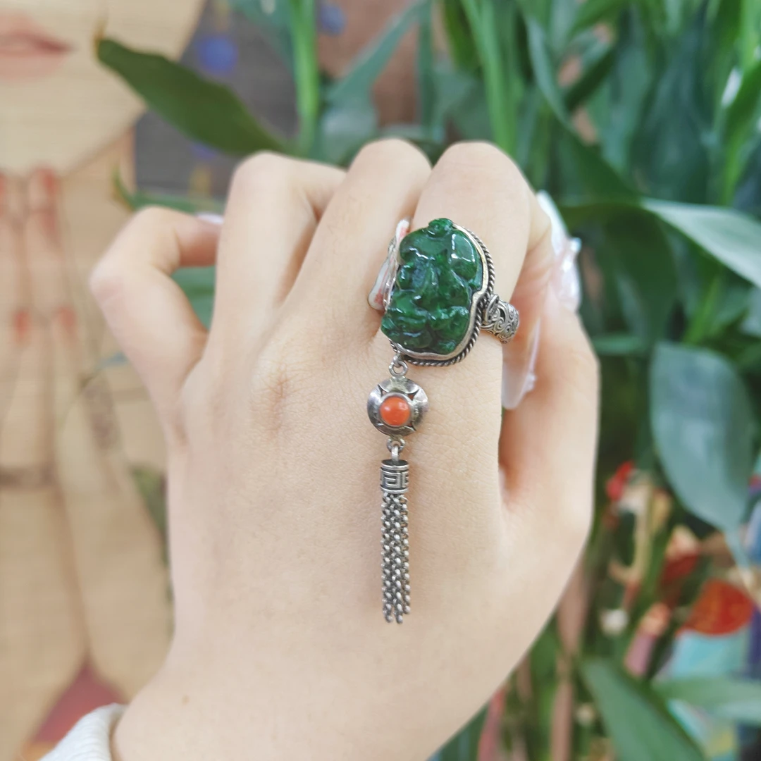 恒玖翡翠  台湾银镶 天然翡翠戒指 手工珠宝镶嵌  复古