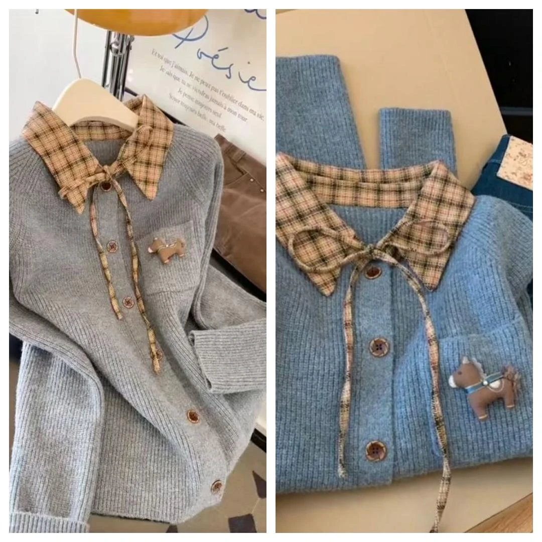 原8800【全球仓Global Go】秋冬款复古学院格子拼接假两件针织开衫