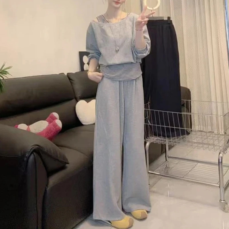 2026年早秋新款韩版时尚长袖T恤+高腰休闲裤两件套女宽松显瘦套装