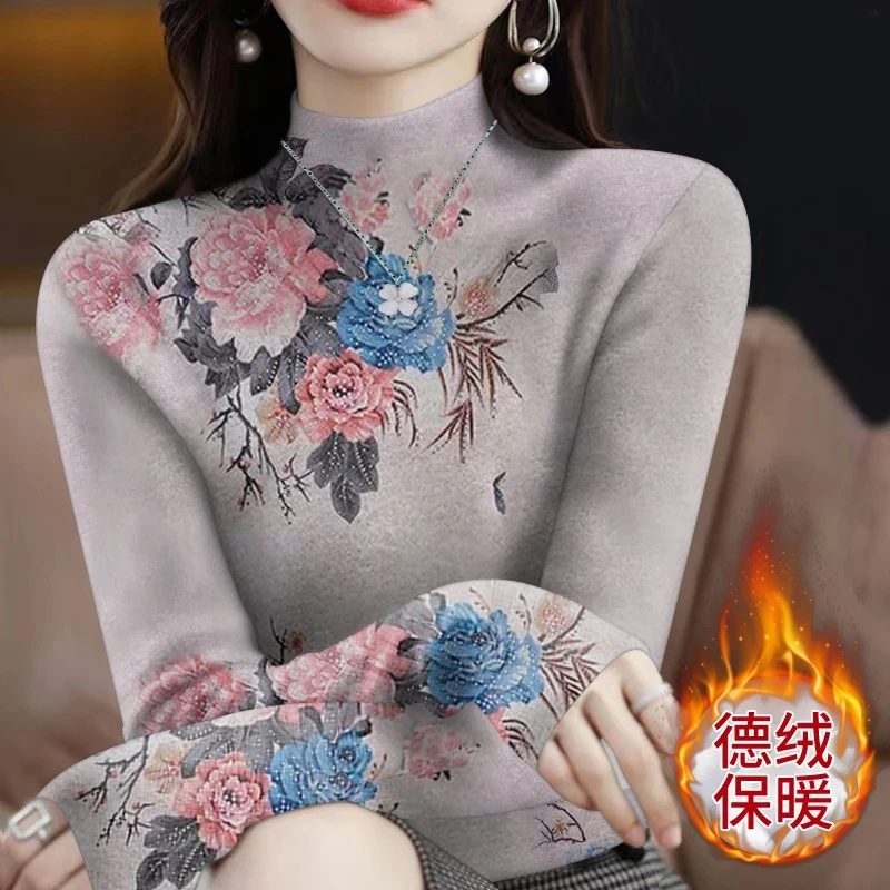 新款2025德绒保暖打底长袖春秋洋气时尚高级复古印花套头小衫上衣