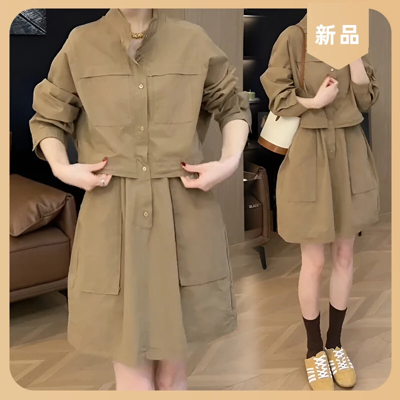 抽绳小个子欧货假两件女小众连衣裙宽松工装短裙春秋显瘦收腰休闲