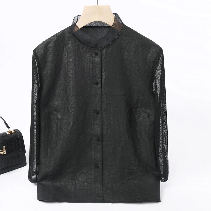 LANZIBES/蓝之蓓真丝香云纱立领七分袖衬衣时尚百搭简约休闲Z4216