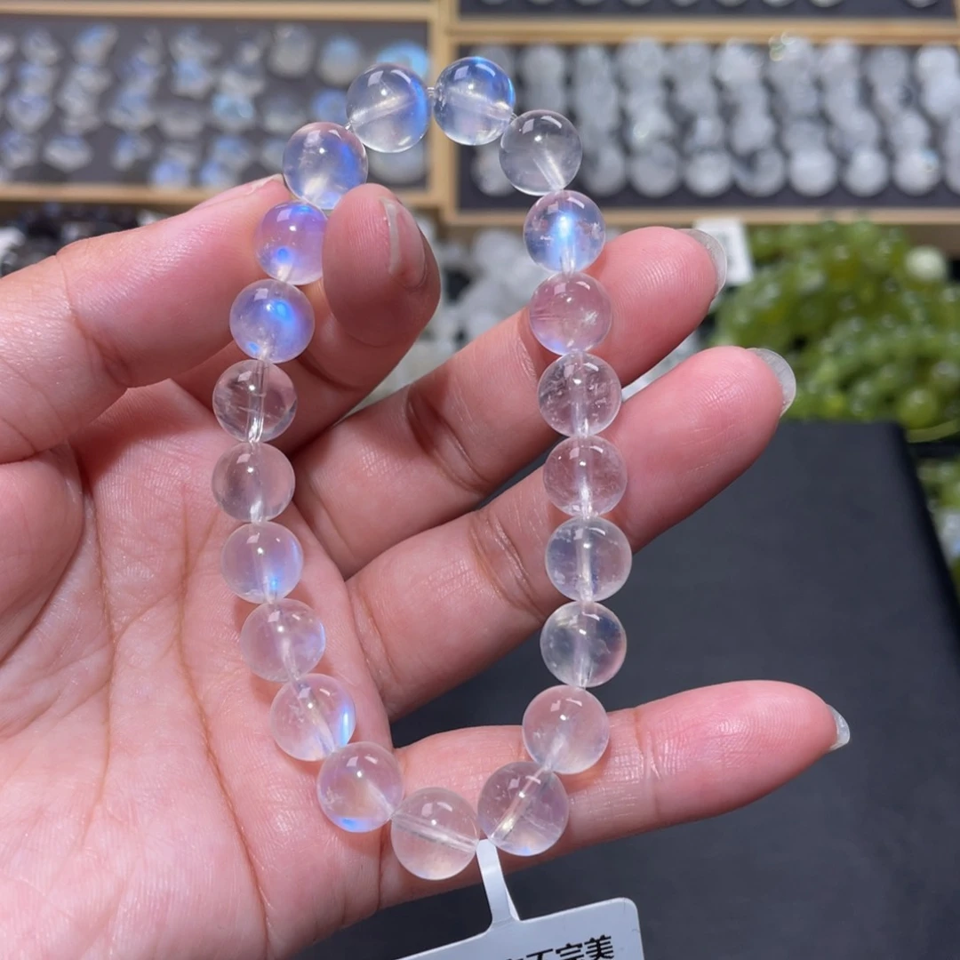 月光石手链未镶嵌郝*冰透蓝月光手链9.3mm