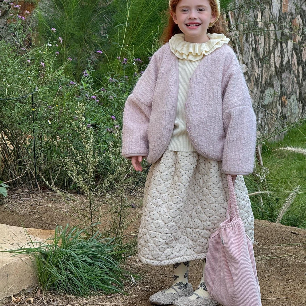 韩系童装2025冬季新款女童外套紫色毛呢短款蝙蝠衫加绒大衣