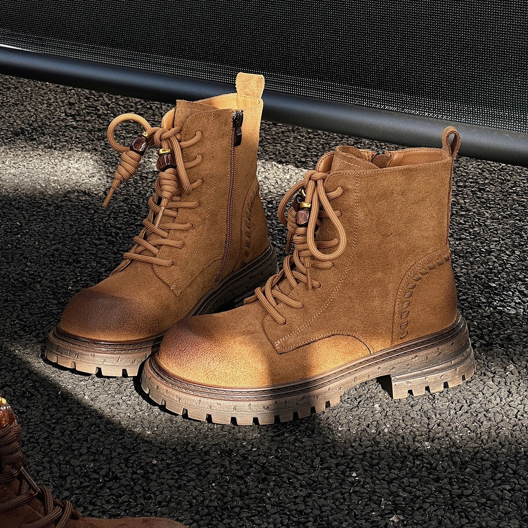 磨砂皮厚底马丁靴女2025新款显脚小登山大黄靴做旧擦色英伦风短靴