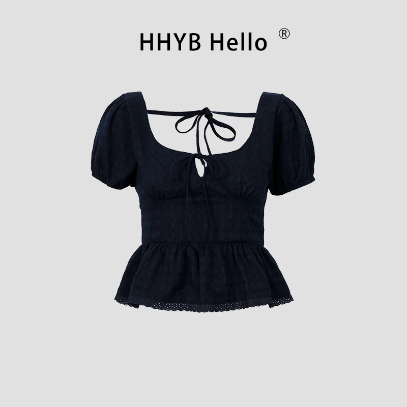 HHYB Hello2025夏季新款性感泡泡袖绑带蝴蝶结蕾丝上衣T恤250361