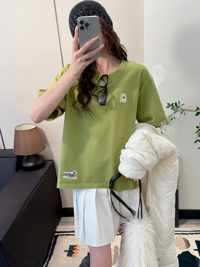 XCStarry纸袋5007立体瓦片绣加厚短款圆领宽松短袖T恤显瘦时尚女