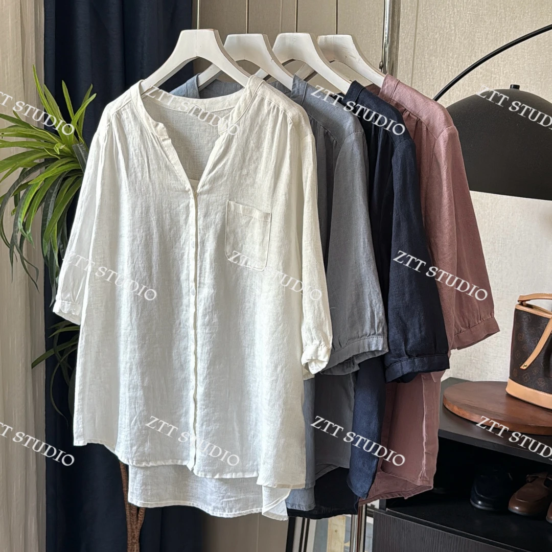【ZTT】100%亚麻衬衫女夏季薄款纯色吸汗V领休闲宽松显瘦百搭