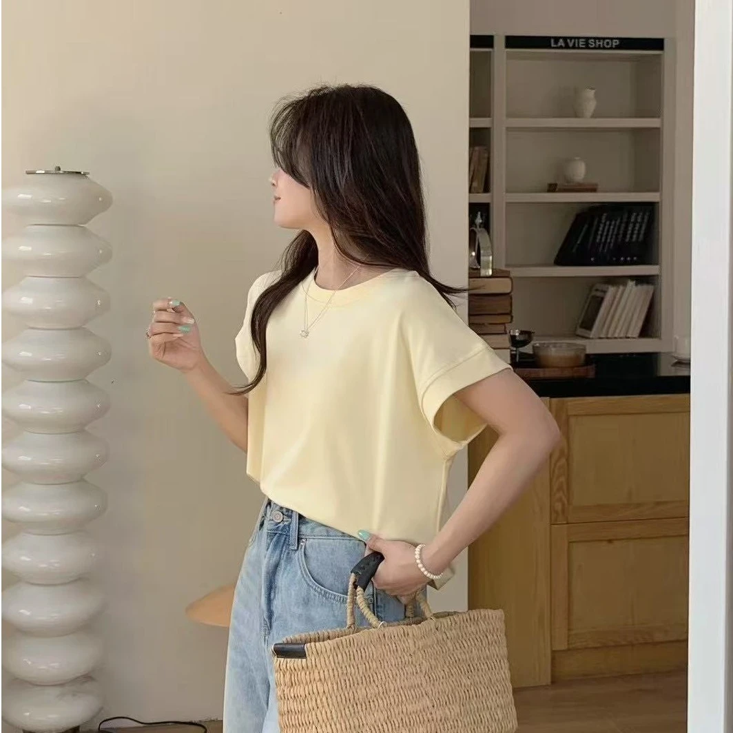 简约休闲慵懒风落肩小飞袖T恤女2025年夏季新款圆领上衣6110