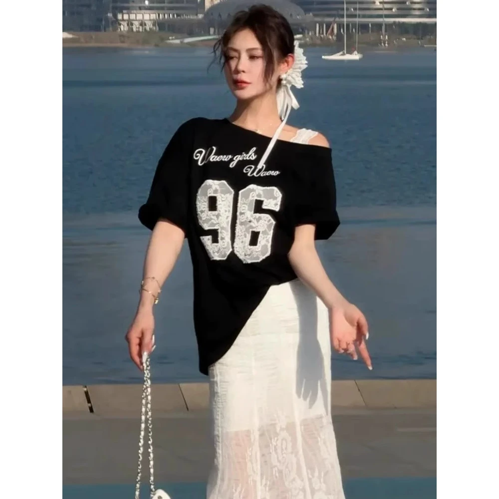 【韩系穿搭】夏季新款洋气减龄时尚蕾丝露肩上衣鱼尾半身裙显瘦套装