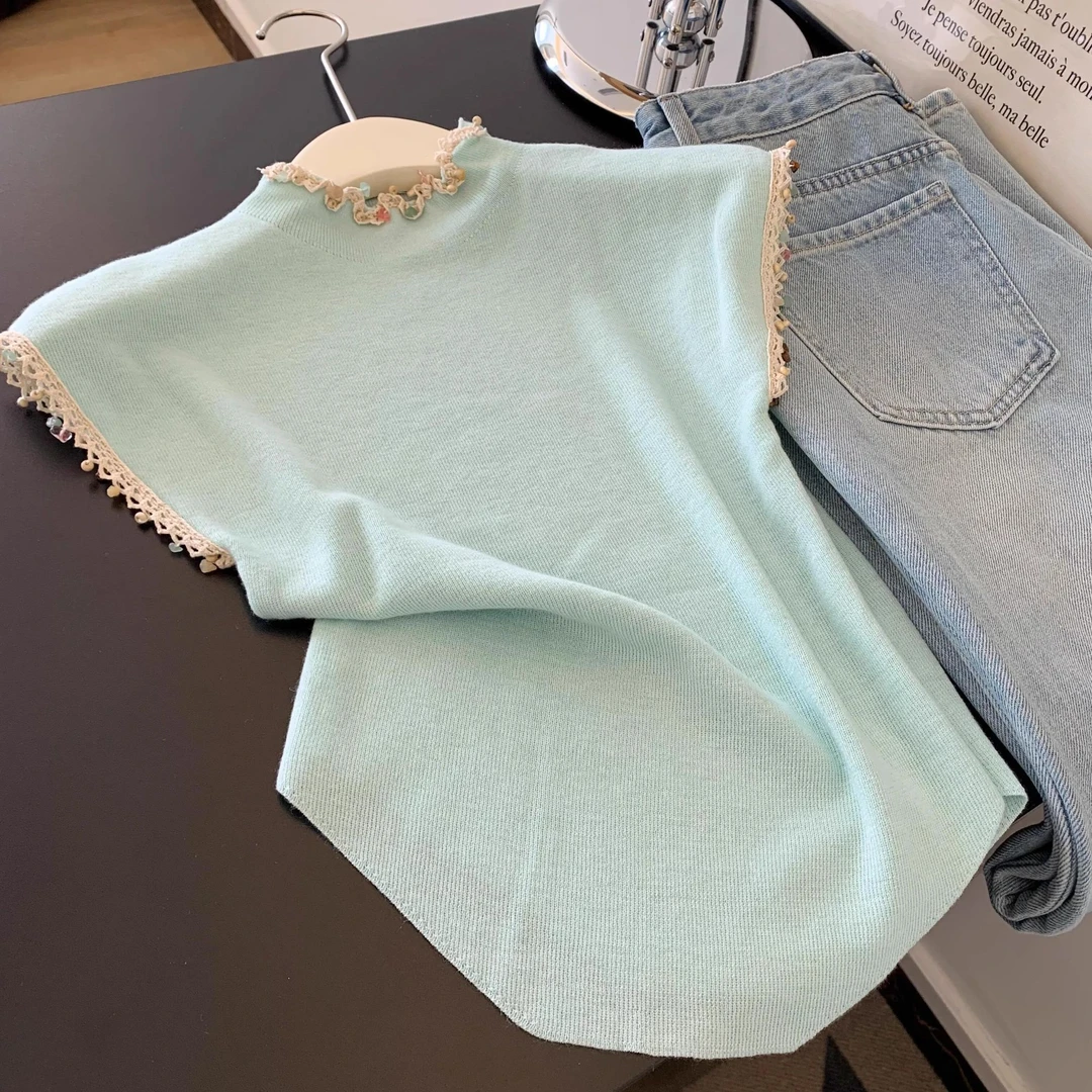 韩系甜美气质针织T恤女2025新款洋气百搭时尚修身显瘦无袖上衣潮