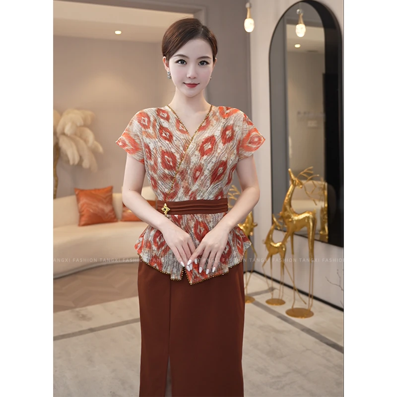 2025夏季新款【H-X539】拼接设计感小众收腰V领橙色碎花连衣裙子女