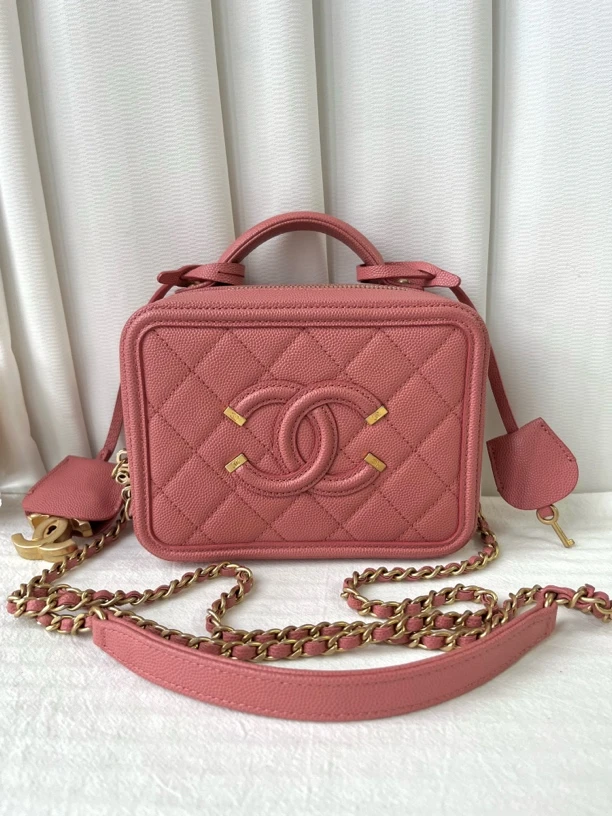 99新 Chanel/香奈儿 珊瑚粉荔枝纹相机包手提单肩斜挎链条包