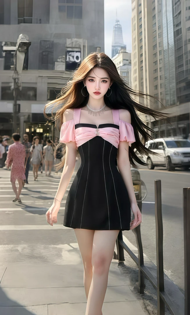 夏季新款甜美少女风方领吊带露肩收腰设计连衣裙女显瘦高级感穿搭