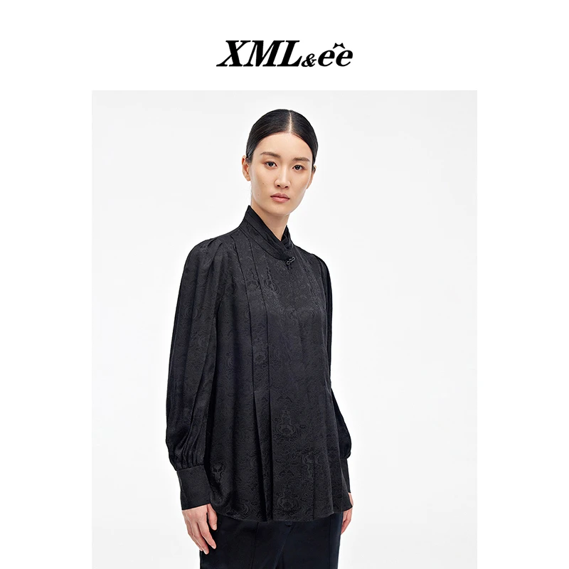 XMLee艾米尔 黑色100%桑蚕丝国风印花长袖衬衫 X333C3084